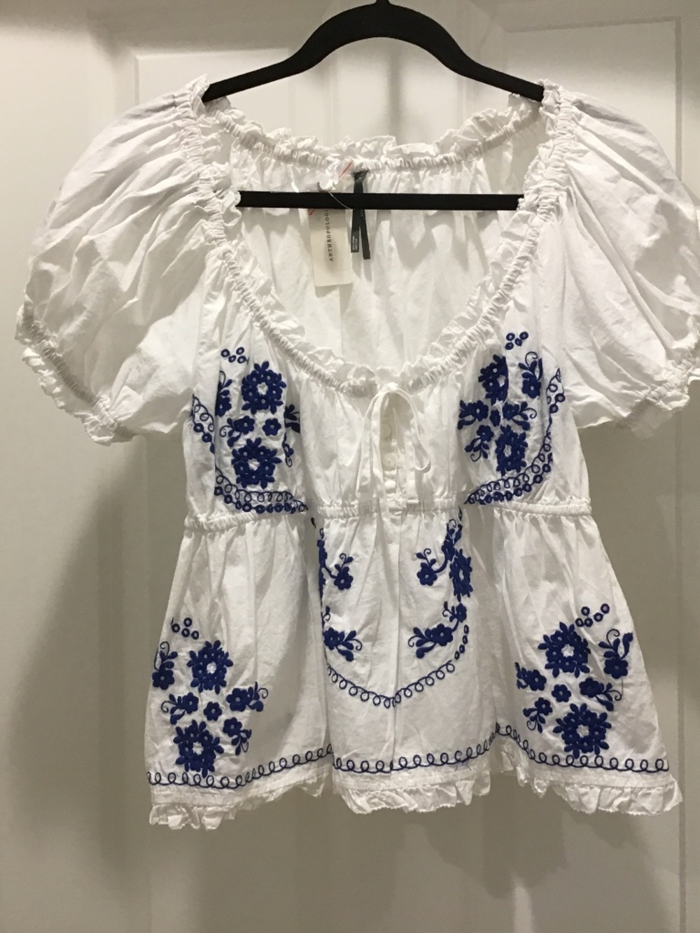 Anthropologie Puff-Sleeve Embroidered Babydoll Top